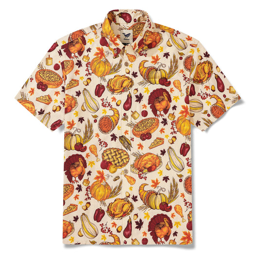 Men's Hawaiian shirt with turkeys and pumpkins, yellow cotton