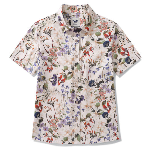 Women's Hawaiian Shirt Wildflowers By Eloise Cotton Button-up Short Sleeve Australian Wildflower By Eloise