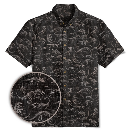 Chemise hawaïenne pour hommes à manches courtes et boutons en 100 % coton noir Aloha Imprimé fossile de dinosaure