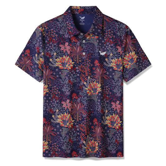Men's Hawaiian Quirky Plants Print Short Sleeve Polo Shirt Quirky Plants Polo By Sylvia