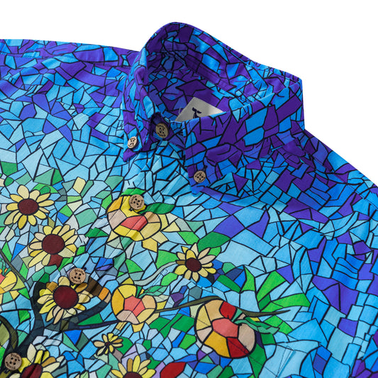 Back view of Men's Blue Hawaiian Shirt with Orchard Print