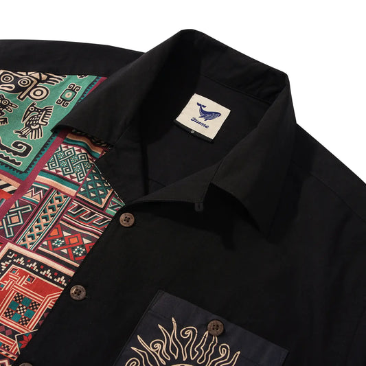 Back view of Men's Hawaiian Bowling Shirt, black, vintage patterns
