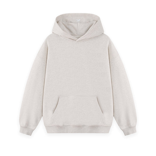 Hawaiian art-inspired men's hoodie in oatmeal gray, front view