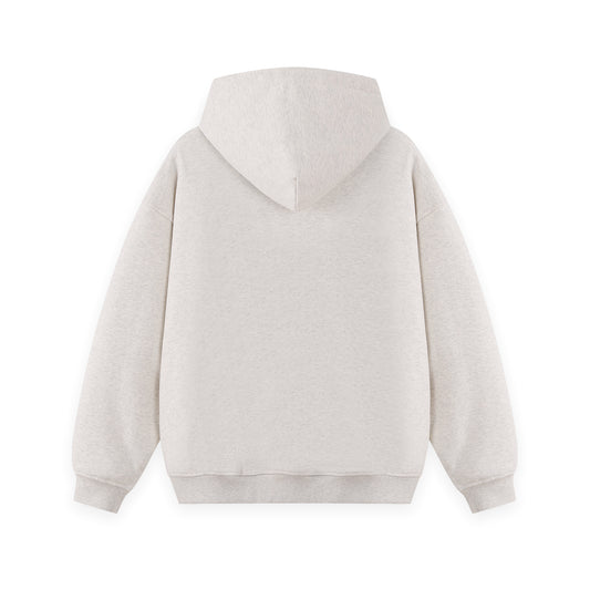 Hawaiian art-inspired men's hoodie in oatmeal gray, side view