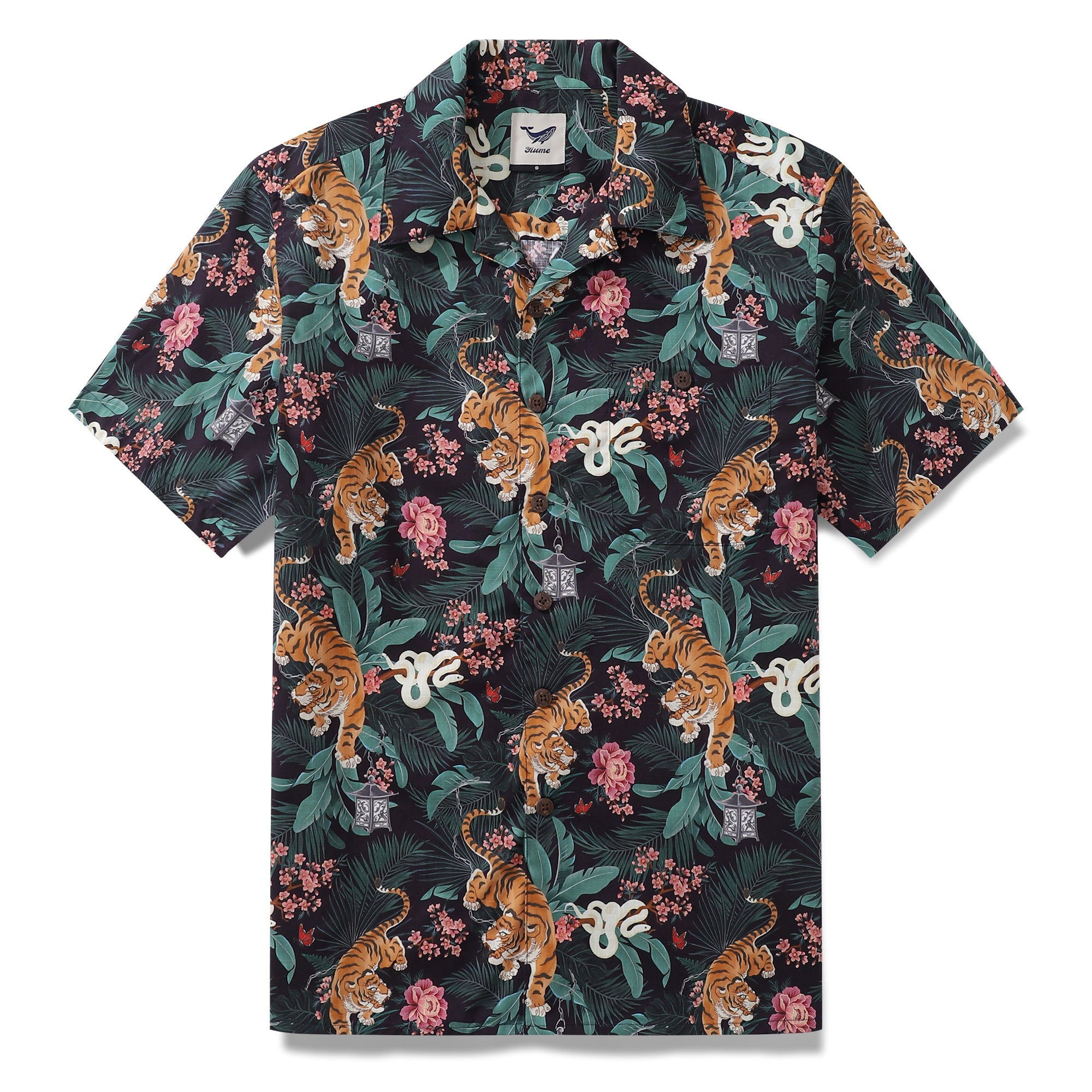 Hawaiian Shirt For Men Tiger Amidst Flowers Print Shirt Camp Collar 100% Cotton