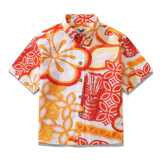 Children's Hawaiian Shirt Tikirob Designer Shirt Orange Totem Print Cotton Button-down Short Sleeve Orange Totem By Tikirob