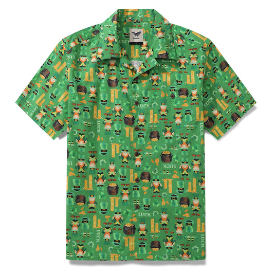 St. Patrick's Day men's Hawaiian shirt with lucky symbols, camp collar