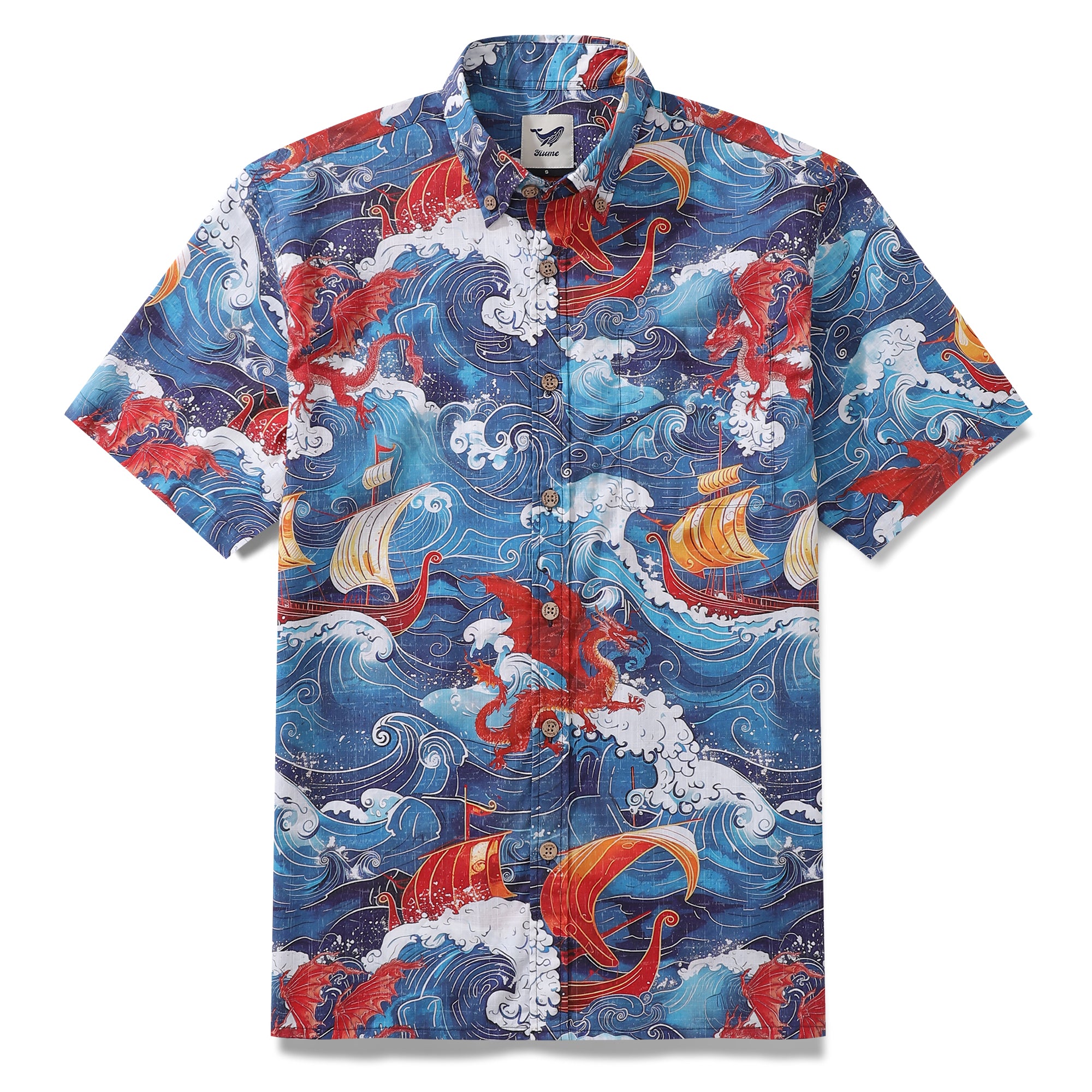 Viking Hawaiian Shirt For Men Dragon-Hunting Button-down Short Sleeve Cotton Beach Shirt