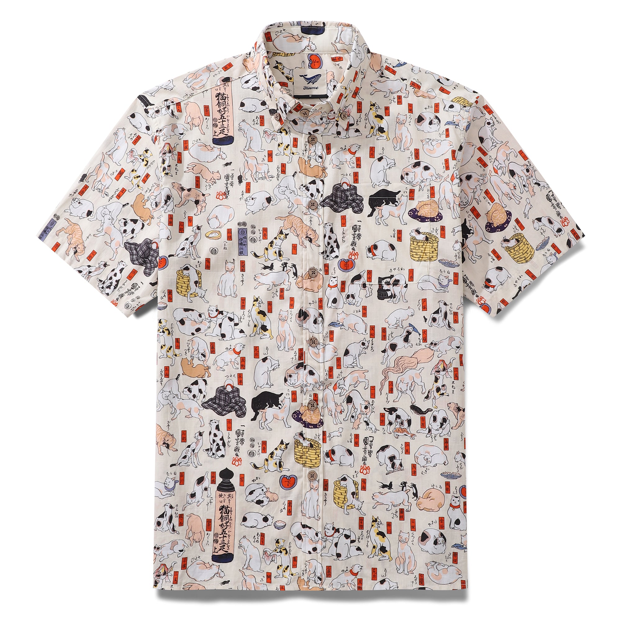 Japanese Hawaiian Shirt For Men Tokaido 53 Station Cats Cotton Button-down Short Sleeve Aloha Shirt