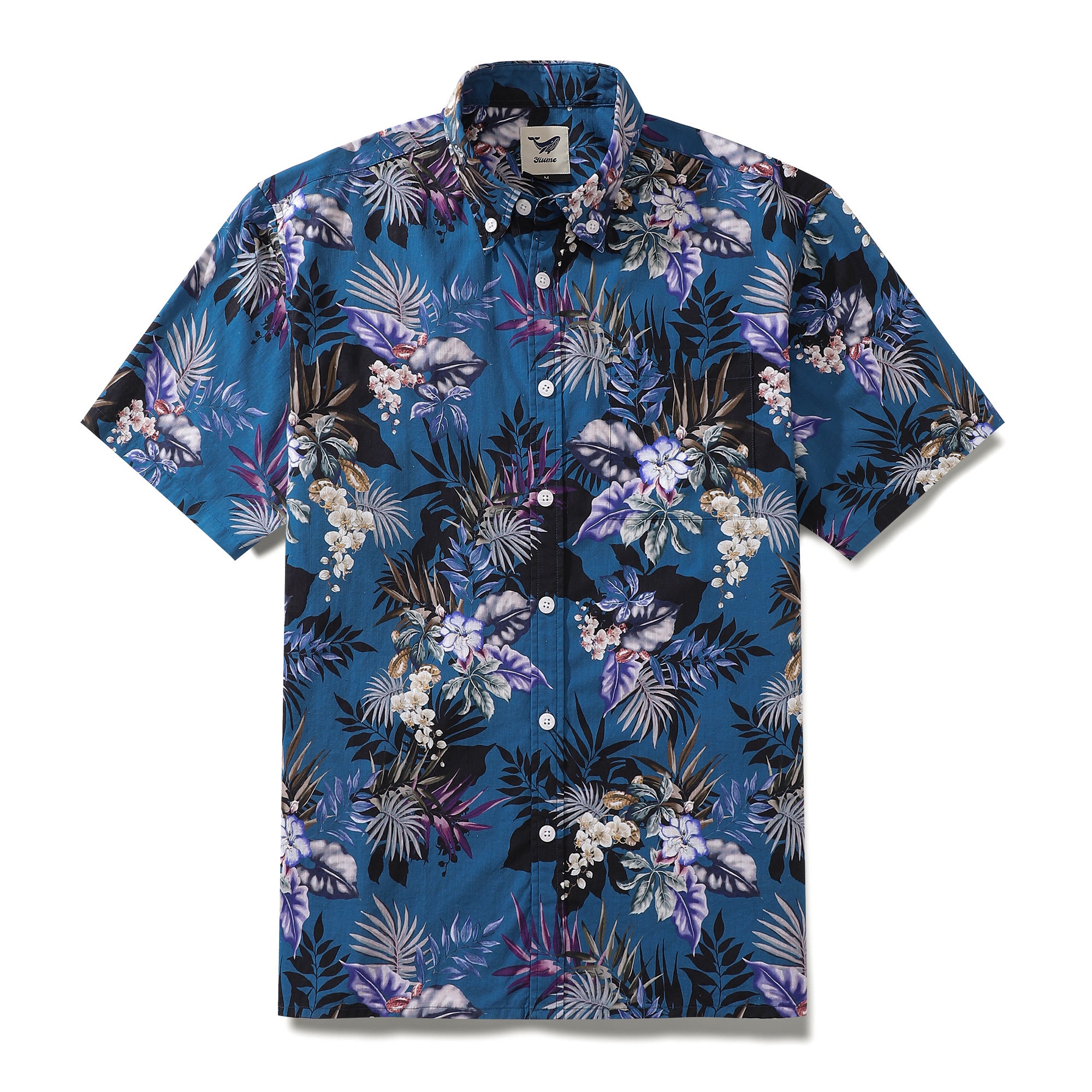 Dark Blue Hand Painted Orchid Floral Print 100% Cotton Button-down Shirt