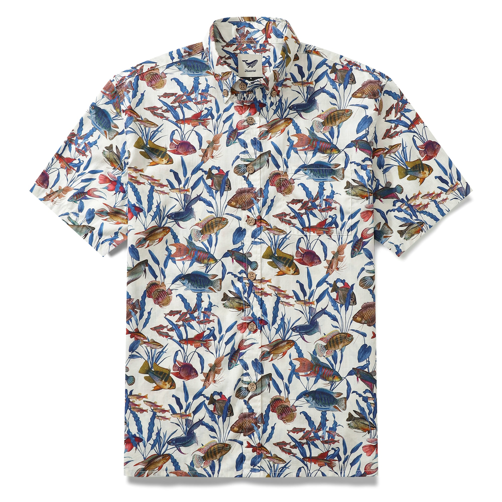 1990s Vintage Hawaiian Shirts For Men Button Down Colorful Fish Short Sleeve Aloha Shirt