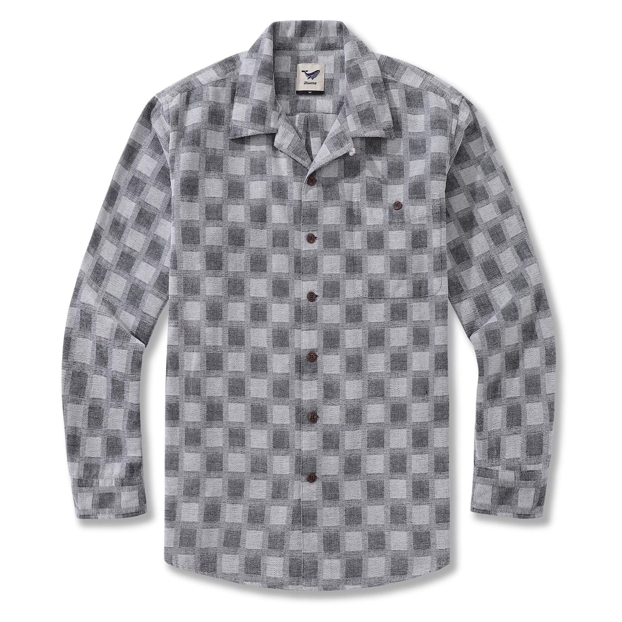 Men's Hawaiian Shirt Cotton Camp Collar Long Sleeve Classic Check Shirt - GRAY