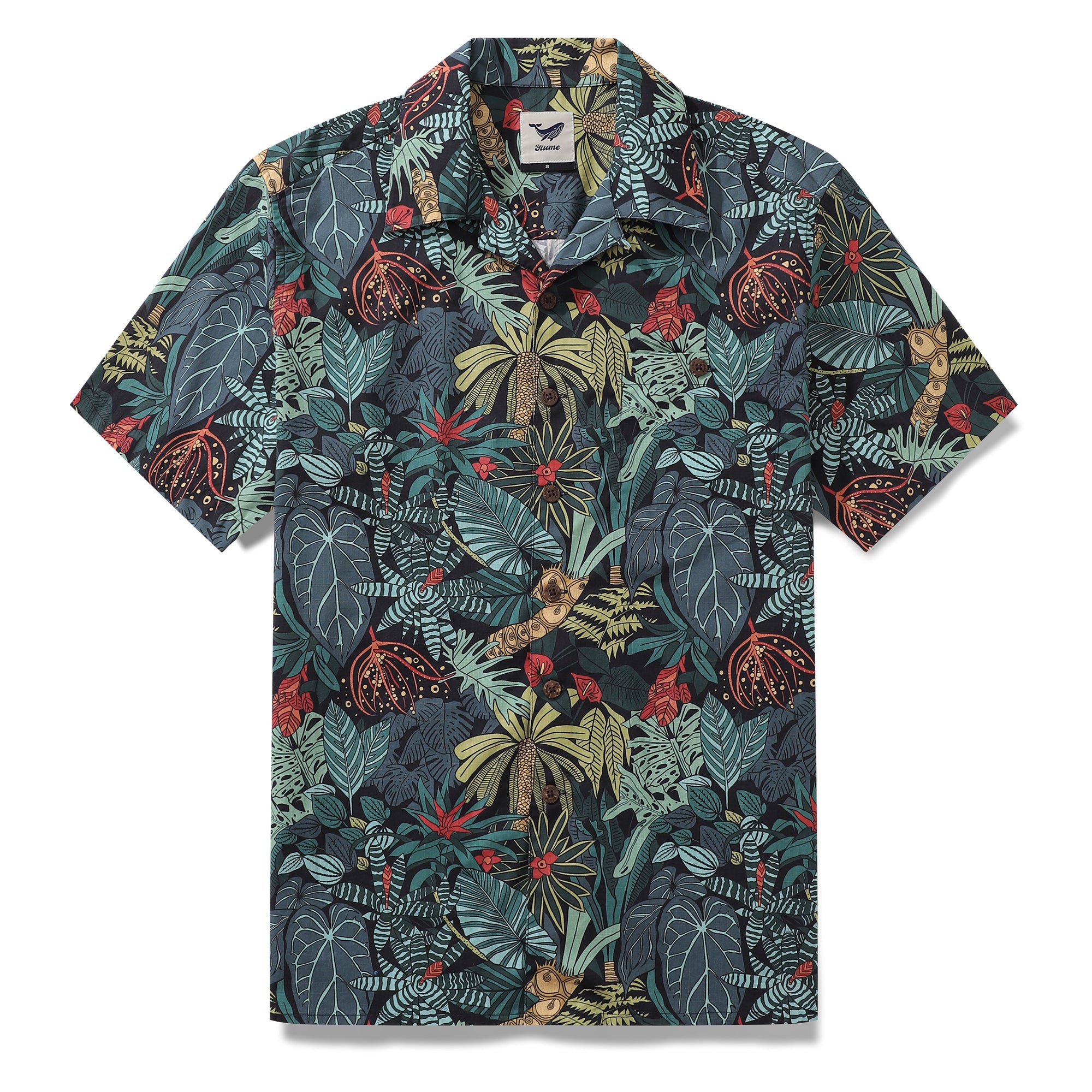 Hawaiian Shirt For Men Green Jungle Print Shirt Camp Collar 100% Cotton