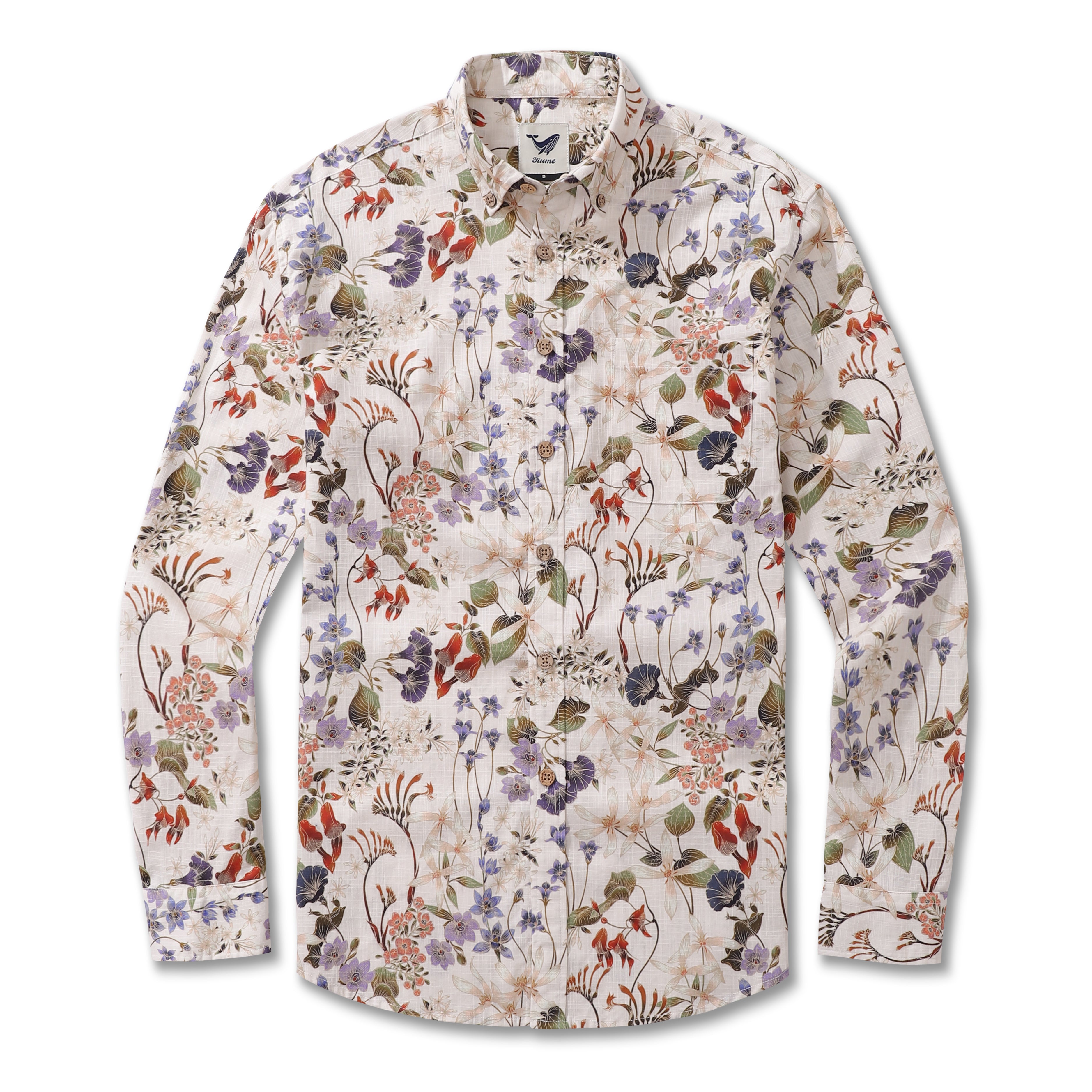 Long Sleeve Hawaiian Shirt For Men Australian Wildflower Mid Cotton Button-down Aloha Shirt