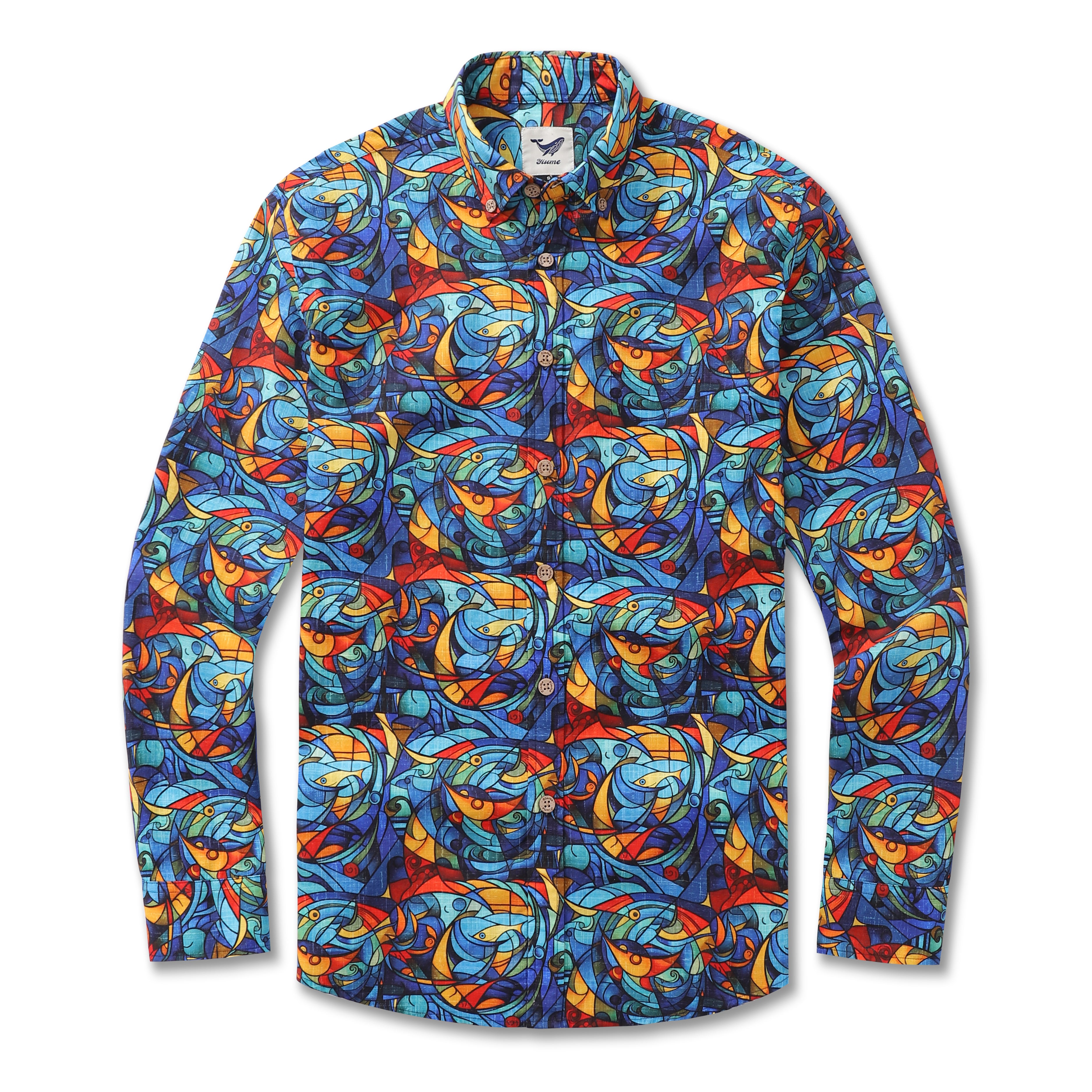 Long Sleeve Hawaiian Shirt For Men Cubism Cotton Button-down Aloha Shirt
