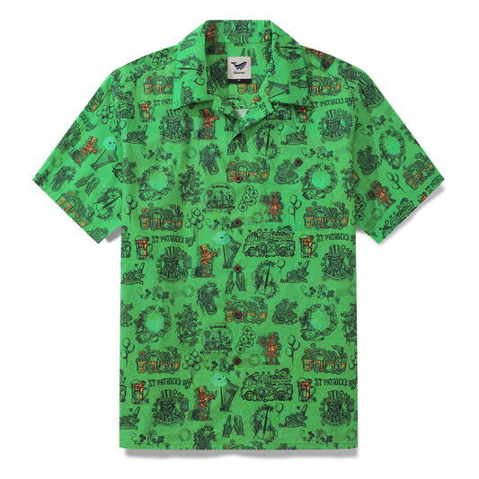 St. Patrick's Day Hawaiian shirt for men, green print, camp collar