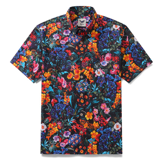 Yiume Mens Floral Hawaiian Shirt Tropical Button-down Short Sleeve 100% Cotton Shirt Colorful Garden