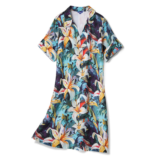 Hawaiian Dress For Women Tropical Vacation Dress Greenish Lily Flower V-Neck Dress Greenish Lily Flower Dress