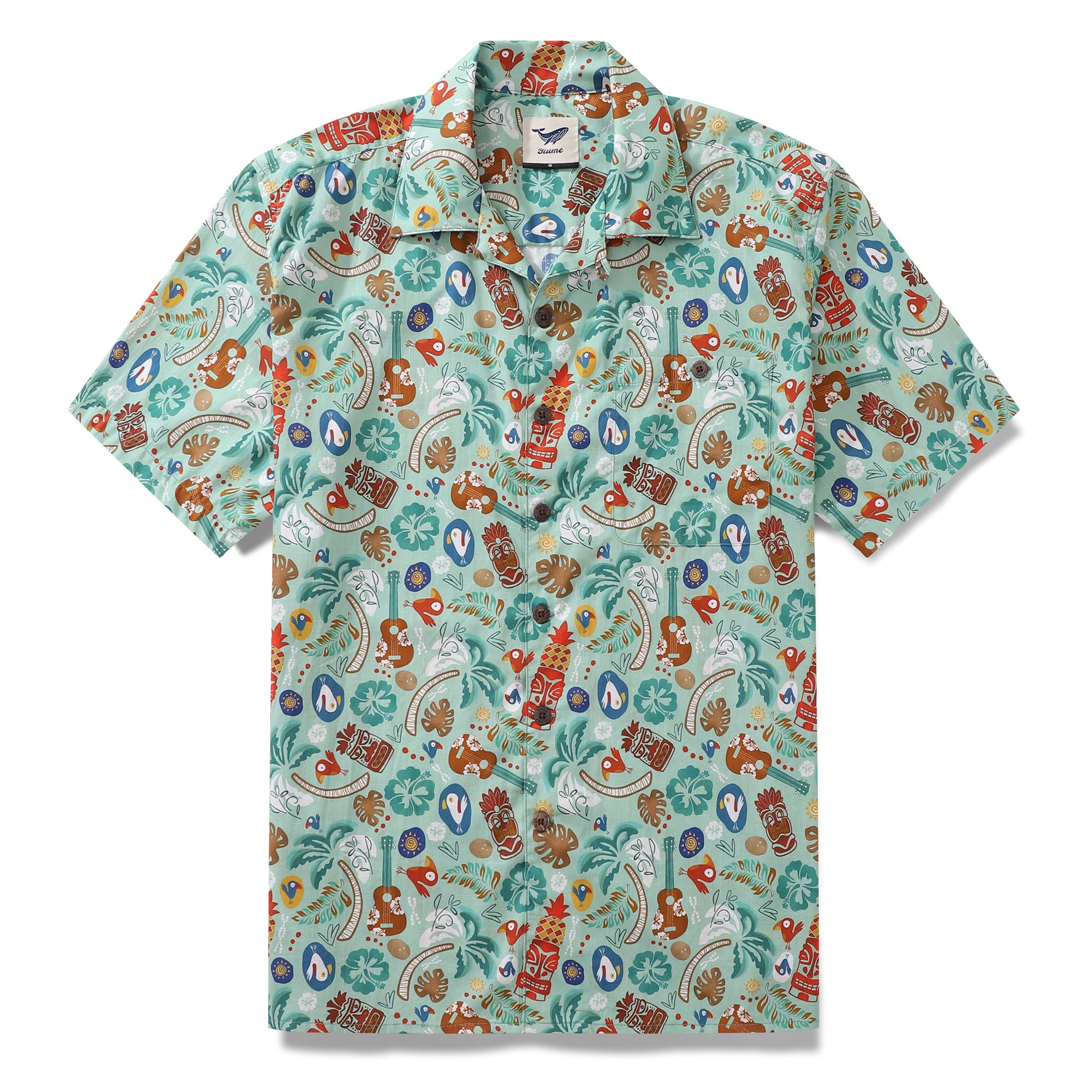 Hawaiian Shirt For Men TIKI Fiesta Print Shirt Camp Collar 100% Cotton