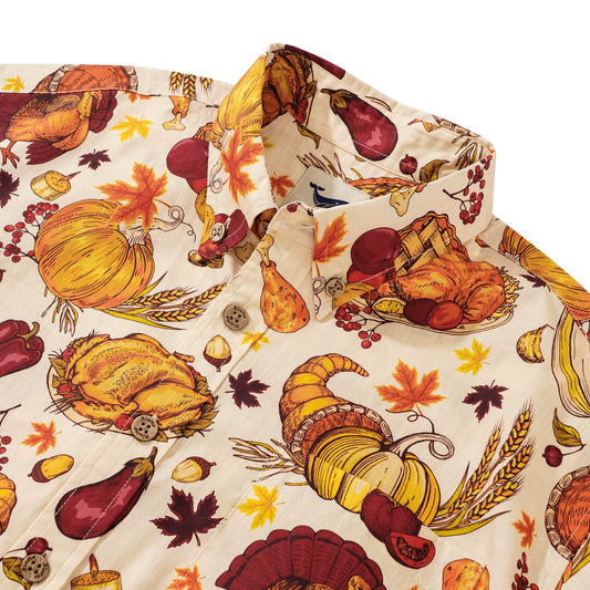 Yellow art shirt with Thanksgiving motifs, button-down