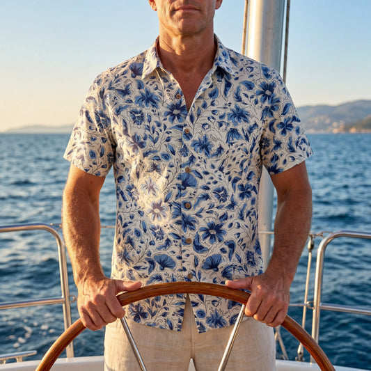 LeosWare Men's Hawaiian Shirt Blue Floral Design