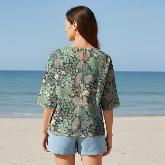 Women Casual Blouse Elbow Sleeve Crew Neck Button-Back 95% Lyocell, 5% Linen Green Aloha Lush Greenery