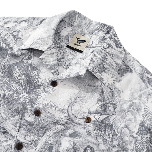 Men's Hawaiian Shirt Short Sleeve Camp Collar 100% Cotton Gray Aloha Ocean Spirit By Zeke