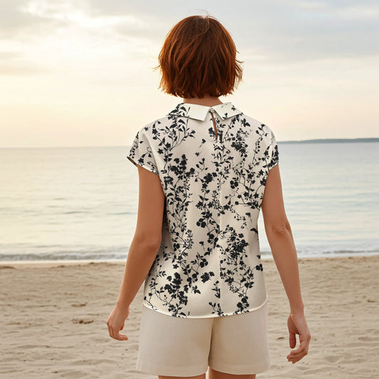 Women Casual Blouse Cap Sleeve Fold-Over Neck Button-Back 100% Lyocell Beige Aloha Tranquil Inkvine