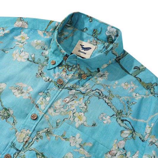 Men's Hawaiian Shirt Short Sleeve Button-down 100% Cotton Green Aloha Blossoming Almond