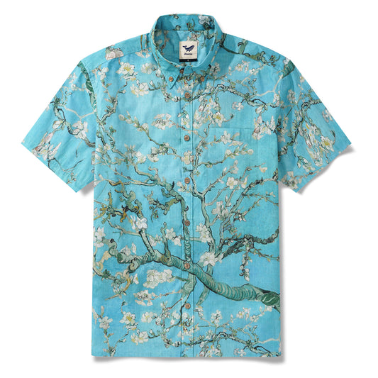 Men's Hawaiian Shirt Short Sleeve Button-down 100% Cotton Green Aloha Blossoming Almond