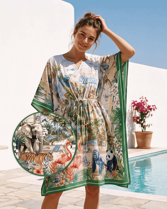 Women's Hawaiian Kaftan Tunic Top Dress Short Sleeve V-neck 100% Cotton Blue Aloha Yiume Dream By The Coast - 4th Anniversary By Huan huan