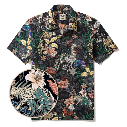 Leopards Men's Hawaiian Shirt, tropical jungle print, black