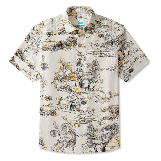 LeosWare Men's Hawaiian Shirt, beige, art-inspired, short sleeve, button-up