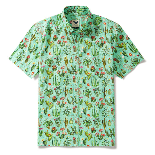 Cactus Shirt For Men Green Hawaiian Shirt Short Sleeve Button-down Western Cowboy Shirt