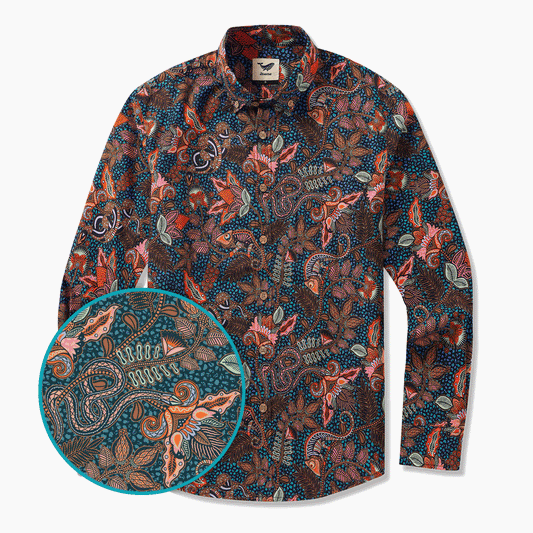 Men's Hawaiian Shirt Long Sleeve Button-down 100% Cotton Green Aloha Chameleon Ankara