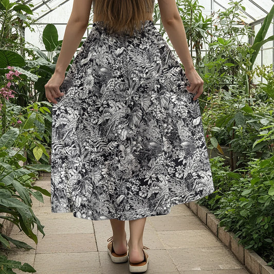 Women's Aloha Monochrome Maxi Skirt, tropical jungle print, elastic waist