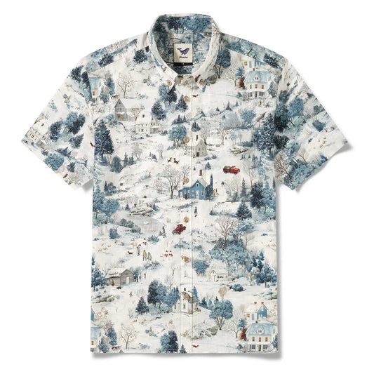 Men's Hawaiian Shirt, snowy countryside design, blue, 100% cotton