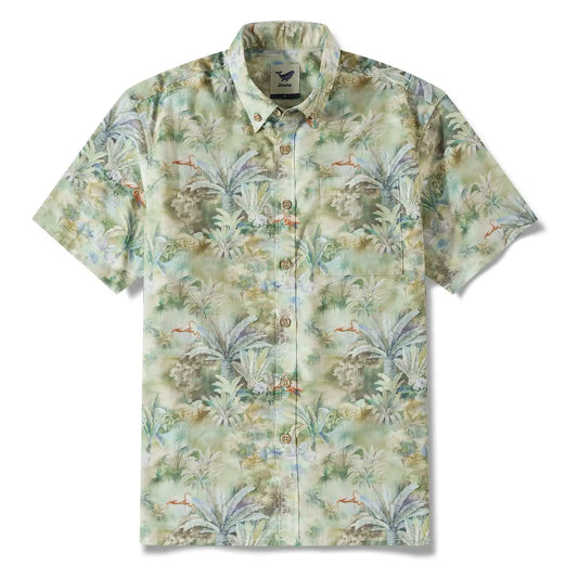 Flamingo Print Men's Hawaiian Shirt, cotton button-down