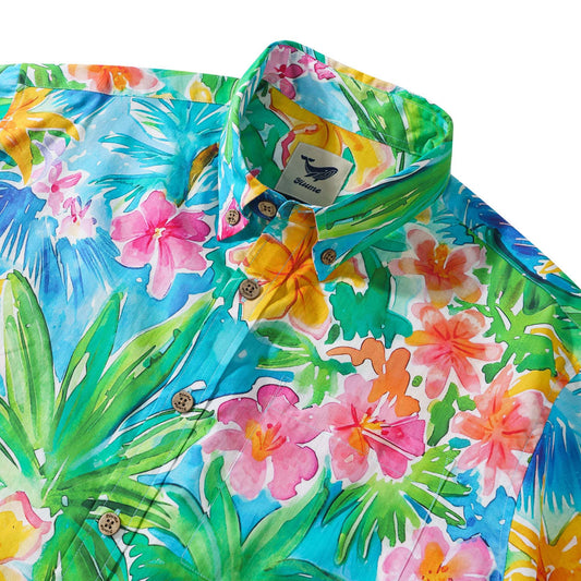 Vibrant tropical shirt with coconut trees and hibiscus