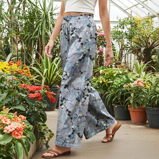 Women Casual Floral Wide Leg Palazzo Pants Lounge Elastic Waist Drawstring with Pockets 100% Cotton Blue Aloha Zen Plum Blossom Symphony By Huan huan