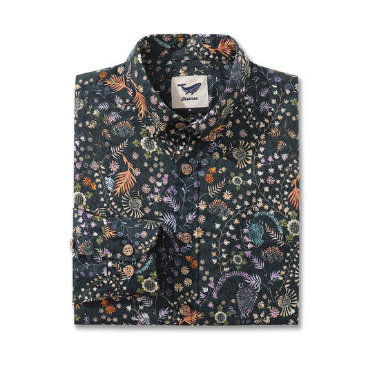 Men's Hawaiian shirt, button-down, ink green with floral design