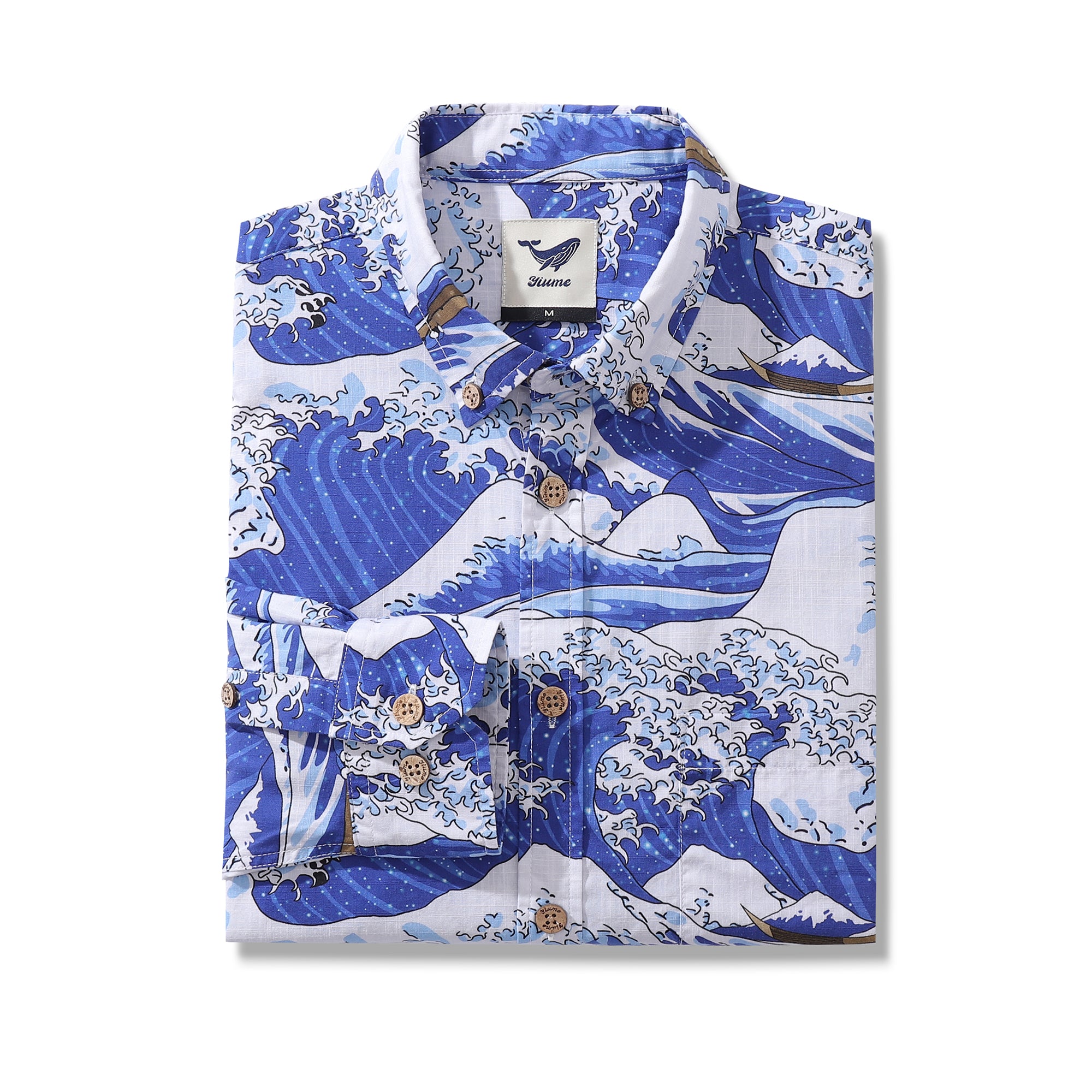 Men's Hawaiian Shirt Ocean Waves Japanese Ukiyo-e Print Cotton Button-down Long Sleeve Aloha Shirt