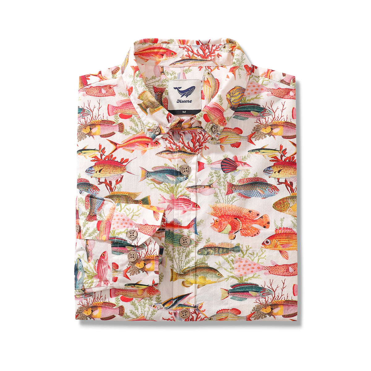 Yiume Men's Hawaiian Shirt Sea Ocean Fish Print Cotton Button-Down Long Sleeve Aloha Shirt, Size: XL