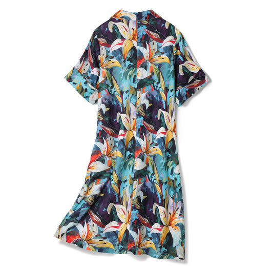 Hawaiian Dress For Women Tropical Vacation Dress Greenish Lily Flower V-Neck Dress Greenish Lily Flower Dress