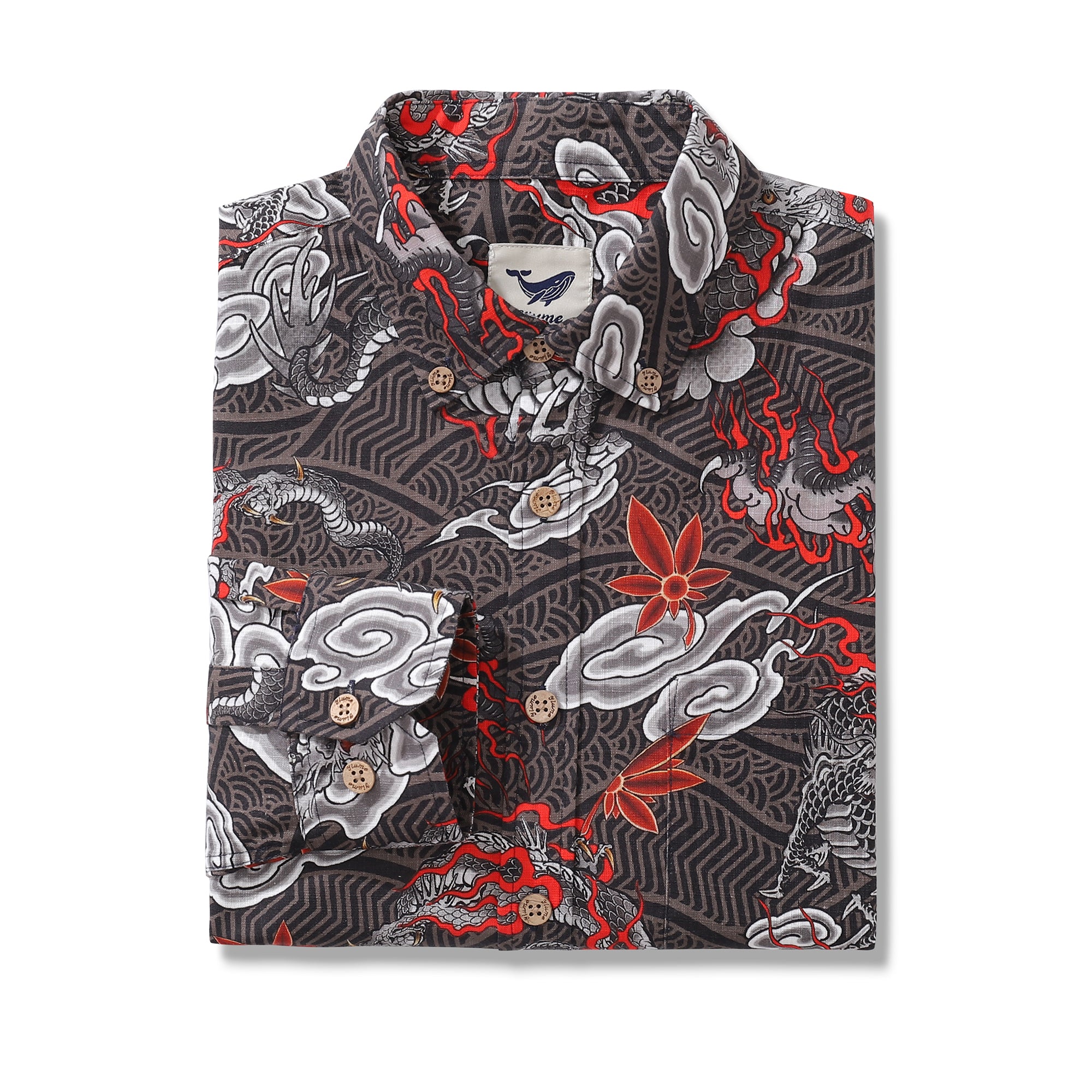Long Sleeve Hawaiian Shirt For Men The Dragon's Flight Cotton Button-down Aloha Shirt