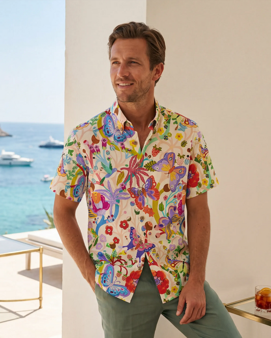 Resort look with blue Hawaiian shirt featuring butterflies