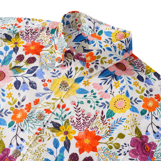 Men's Hawaiian Shirt Short Sleeve Button-down 100% Cotton Beige Aloha Floral Bookmark