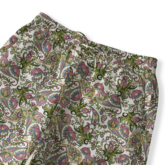 Elastic Waist Women's Green Floral Pants with Drawstring