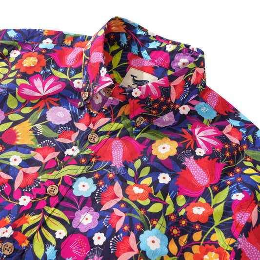 Back view of Men's Hawaiian Shirt Midnight Garden, red, button-down