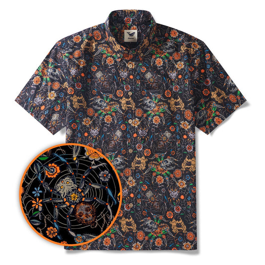 Men's Hawaiian Shirt Short Sleeve Button-down 100% Cotton Black Aloha Spider Cat